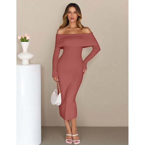 Merokeety Women's Brick Off Shoulder Long Sleeve Elegant Bodycon Midi Dress - Picture 2 of 9